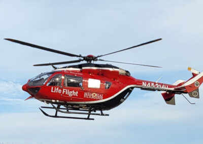 An emergency helicopter is shown representing the prompt emergency response statistics of the Angleton Volunteer Fire Department.